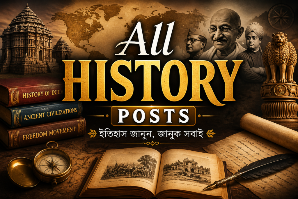 All History Posts banner with Indian historical themes, leaders and educational content in Bengali for NET SET exam preparation