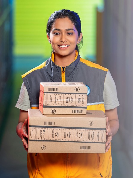 Amazon delivery service woman holding packages fast shipping