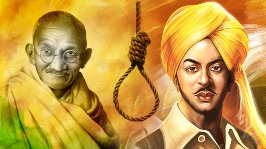 Bhagat Singh vs Mahatma Gandhi debate illustration with hanging noose and Indian freedom struggle context