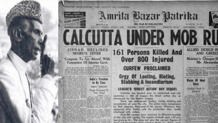Muhammad Ali Jinnah and Amrita Bazar Patrika newspaper headline showing Direct Action Day 1946 Calcutta riots